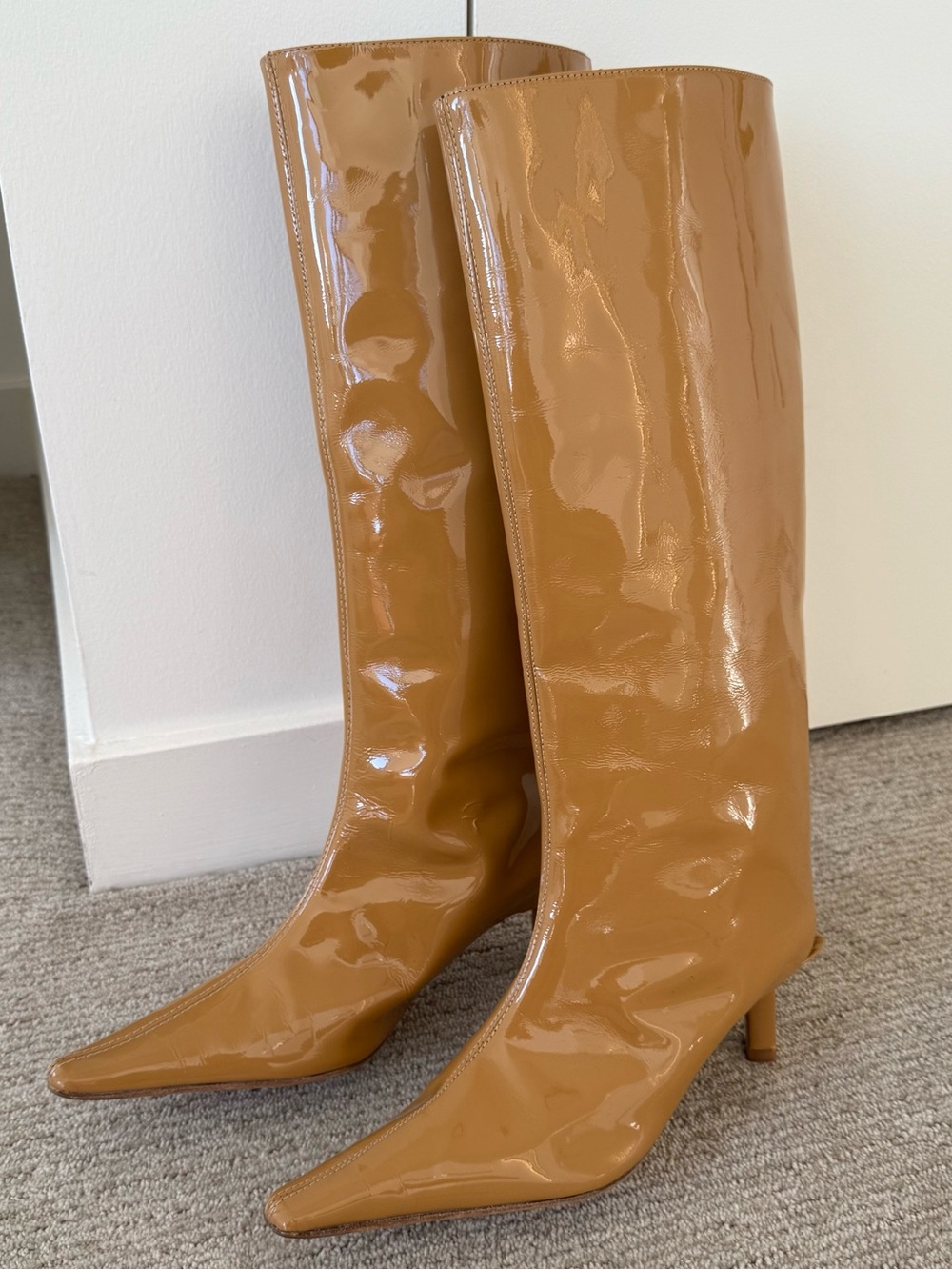 Miista Camel Patent Knee-High Pointed-Toe Boots with Kitten Heels. EU 38 / US 8.